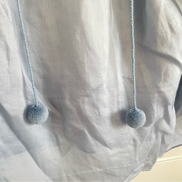 Lafayette 148 Chambray Lightweight Split Neck Blouse with Pom Pom Tassels Blue - Picture 6 of 6